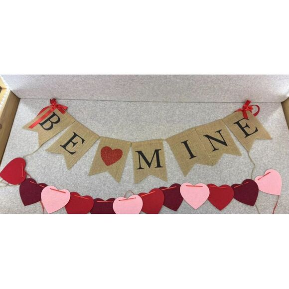 Other - Valentines Day Burlap Banner Be Mine Hanging Banner Multicolor Hearts Banner‎